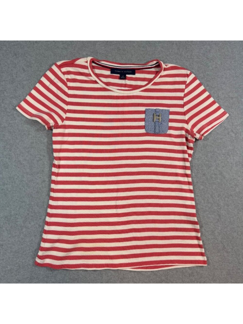 Tommy Hilfiger Women’s S Pink White Striped T-Shirt Denim Pocket Logo Cotton Tee